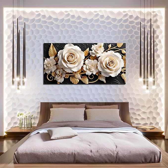 Flower Large Canvas Wall Art for Living Room Bedroom Home Office White and Gold Wall Art Blossom Picture Framed Wall Decor Modern Canvas Prints 24x48 In