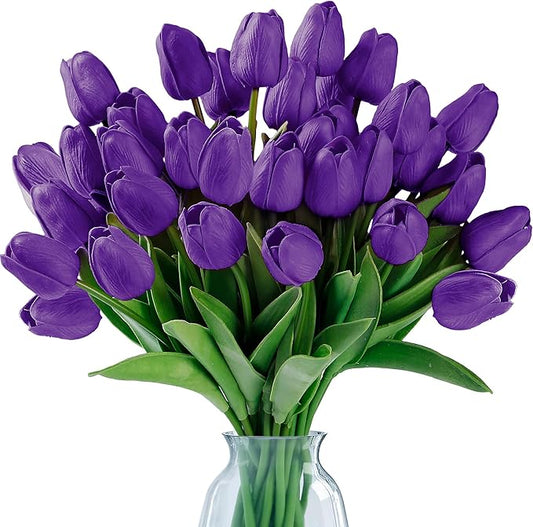 Sggvecsy 15 Pcs Fake Tulips Artificial Flowers Real Touch PU Faux Flowers Tulip Stems for Wedding Spring Bouquet Floral Arrangement Home Party Office Decorations for Mother's Day (Purple)