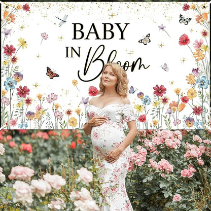 Avezano Wildflower Baby in Bloom Backdrop Banner Wildflower Baby Shower Party Decorations for Girls Gold Glitter Butterfly Spring Floral Baby in Bloom Party Supplies (6x3.6ft)