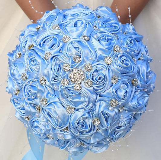 Bridal Wedding Bouquet Round Bling Brooch Bouquet Throw Toss Artificial Rose Flower Bunch for Bride Bridesmaid Wedding Quinceanera(Light Blue, 9.8")