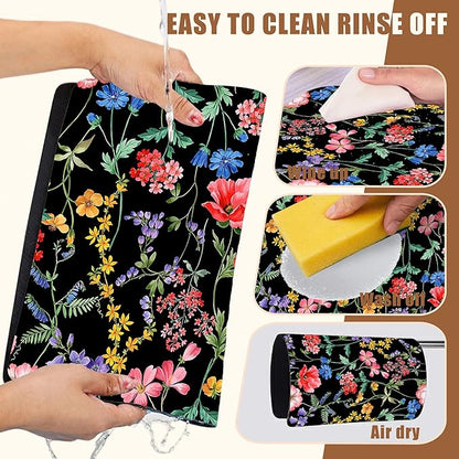 Beautiful Flowers Dish Drying Mat for Kitchen Counter Coffee Bar Mat Hide Stain Absorbent Rubber Backed Coffee Mat Coffee Maker Espresso Machine Coffee Bar Accessories 11.8 x 19.7 Inch