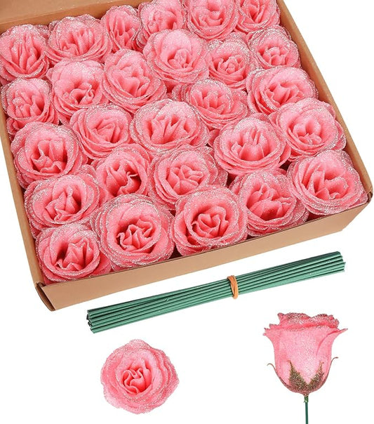 30PCS Glitter Roses Fake Peach Flowers Artificial Roses with Stems for Wedding Bouquet Party Christmas Home Decor(Peach with Silver Glitter)