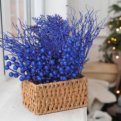 75 Pcs Christmas Glitter Branches 3 Styles Artificial Christmas Picks Berries Stems Pine Needles Floral Twig Spray for Xmas Tree Ornaments DIY Wreath Garland(Blue)