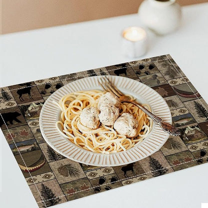 Retro Rustic Bears Deers Lodge Placemats Set of 4, Vintage Cabin Country Farmhouse Style Place Mats, Heat Resistant Non Slip Cotton Linen Dining Table Mats for Home Kitchen Party 18x12 Inch