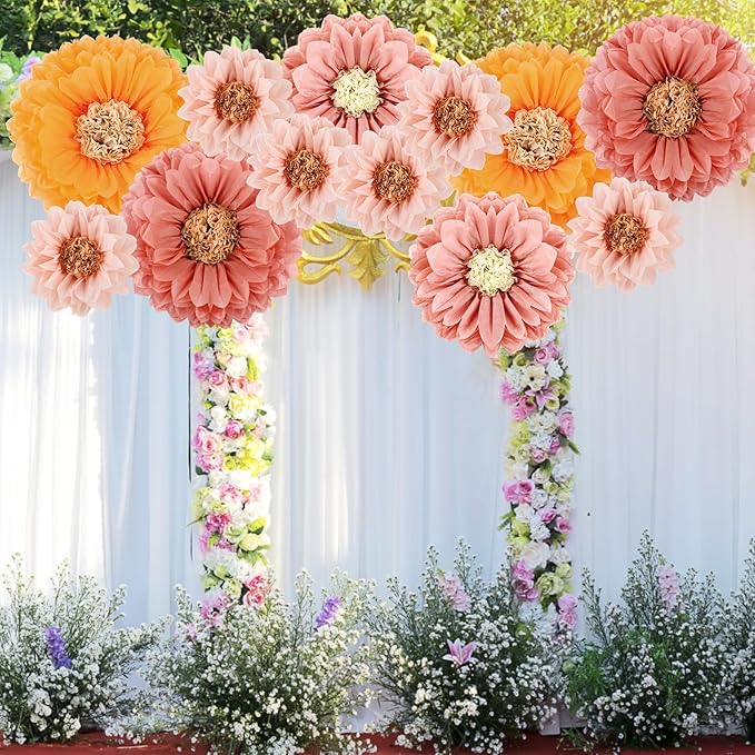 VAIPI 12 Pcs Giant Tissue Paper Flowers Decorations, 30'' 24'' 20'' 12'' Large Crepe Paper Flowers Colorful Pom Poms DIY Craft for Wedding Baby Shower Birthday Party Wall Backdrop Decor