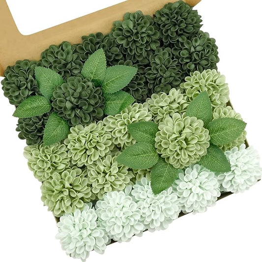 Artificial Flowers, 25pcs Realistic Artificial Rose for DIY Wedding Bouquets Centerpieces Arrangements, Emerald Green Shades Dahlia Flowers with Stem for Bridal Shower Party Home Decorations