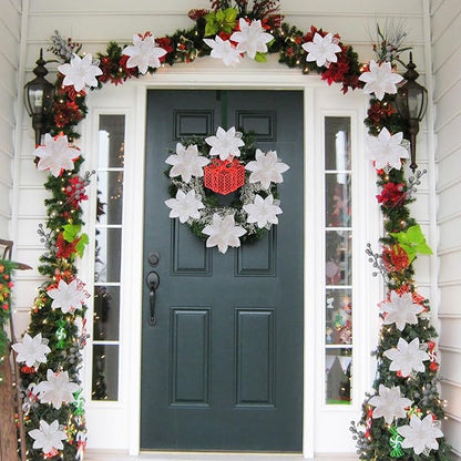 24 Pcs White Boxed Christmas Poinsettia Flowers Set, 16 Pcs Artificial Poinsettias with Clips, 8 pcs Glitter Christmas Tree Ornaments Berry Stems for Wedding Home Holiday Xmas New Year Decorations
