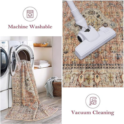 Lahome Oriental Washable Runner Rug Non Slip, 2x7 Rug Runners for Hallways Non Slip Vintage Ultra-Thin Soft Long Carpet for Kitchen Laundry Room Bedroom, Peach/Orange