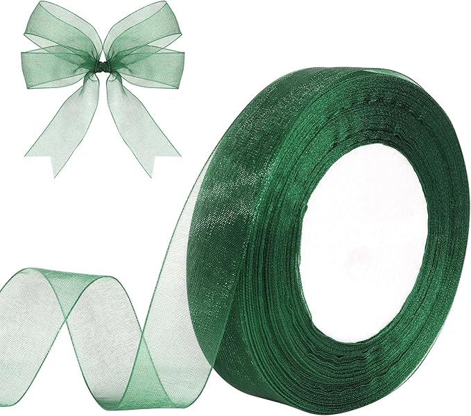 3/4 Inch x 50 Yards Sheer Organza Ribbon Chiffon Ribbon for Gift Wedding Flower Bouquet Wrapping Decorations Crafts (Dark Green)
