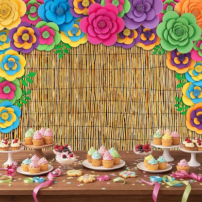 Frienda 36 Pcs DIY Paper Flower Decor Set with 83x59 Inch Custom Background Cloth and Rope, Artificial 3D Flower Wall Decor for Wall Bulletin Board Wedding Halloween Mexican Festive Party (Reed)