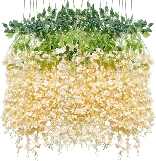 Artificial Flowers Hanging Flowers, Fake Wisteria Flower Garland Silk Vines Rattan String Decor for Home Wedding Arch Wall Garden Greenery Bedroom Outdoor Office Party Decoration (36, Champagne)
