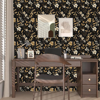 Black Floral Wallpaper Peel and Stick Gold Leaf Contact Paper 17.4" x 118" Boho Wallpaper Waterproof Self Adhesive Wall Covering for Bedroom Countertop Desk Cabinets Decor