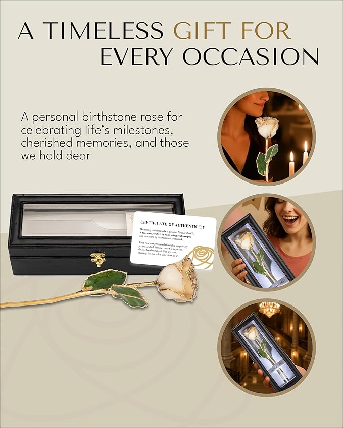 Forever Rose Hand-Dipped in 24K Gold, Diamond-Inspired April Birthstone with Sparkles, Real Rose in Leather Case with LED Light – Perfect Ready to Gift for April Birthday or Any Occasion
