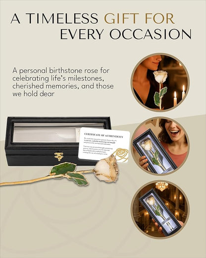 Forever Rose Hand-Dipped in 24K Gold, Diamond-Inspired April Birthstone with Sparkles, Real Rose in Leather Case with LED Light – Perfect Ready to Gift for April Birthday or Any Occasion