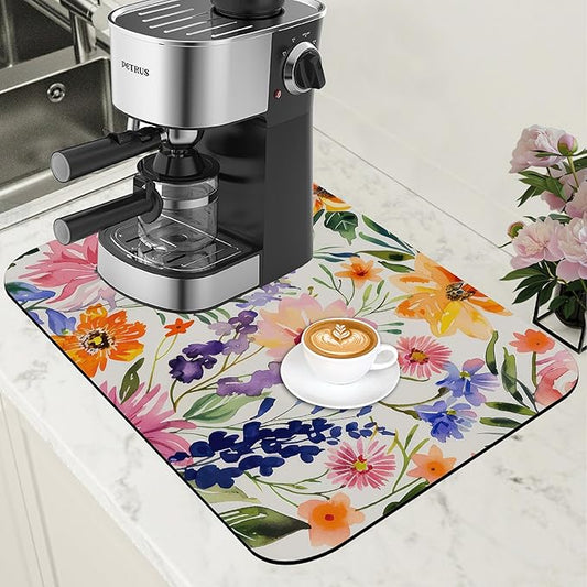 Dish Drying Mat Colorful Wildflowers Coffee Bar Mat for Countertop Absorbent Rubber Backed Hide Stain Dish Drainer Rack Pad Espresso Machine Cafe Table Dining Room Decoration 11.8 x 19.7 Inch
