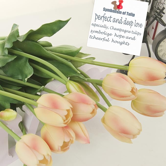 20pcs Artificial Tulip Flowers,16 Inch Real Touch Tulip Stems with Faux Leaves, Faux Tulips and Buds for Home Décor Centerpiece Ornament Wedding Bouquet,Champagne