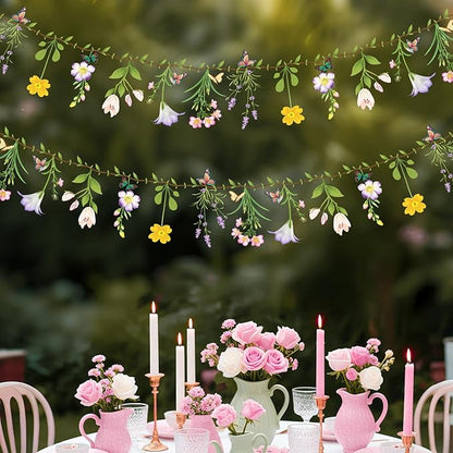 2PCS Flower Banner Reusable Wildflower Garland Floral for Spring Party Enchanted Garden Theme Picnic Wedding Baby Shower Birthday Tea Party Christmas Supplies Home Decorations