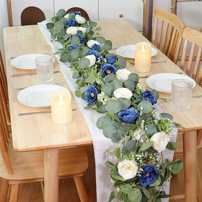 TOCHGREEN 4 Pack Artificial Eucalyptus Flower Garland with White and Blue Roses, Fake Rose Flower Greenery Garland Floral Vines for Wedding Home Party Table Runner Decor (Blue White, 4PCS)
