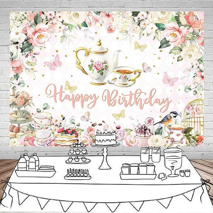 Mocsicka Tea Party Happy Birthday Backdrop Floral Princess Tea Birthday Party Decorations Kids Wonderland Let's Partea Dessert Caketable Banner Photo Booth (8x6ft)
