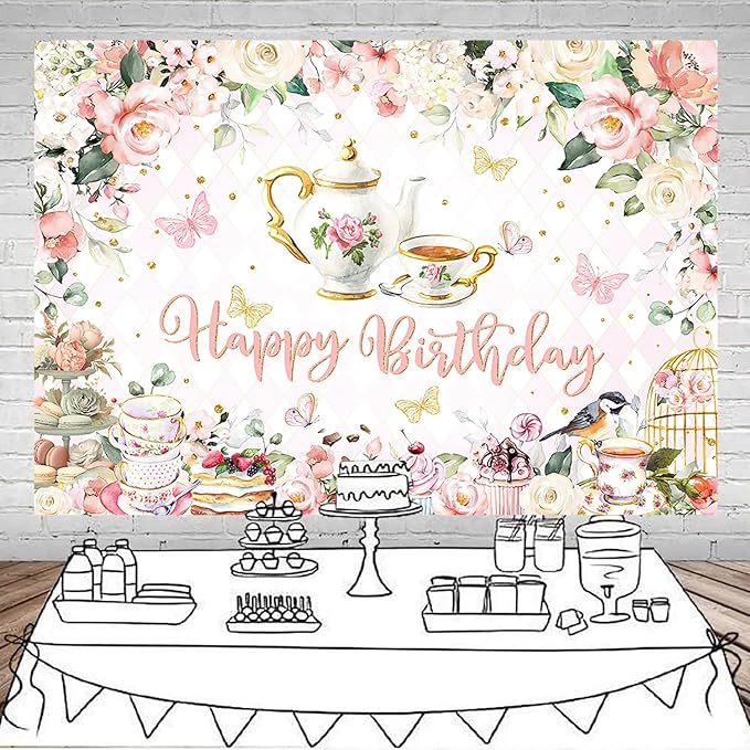 Mocsicka Tea Party Happy Birthday Backdrop Floral Princess Tea Birthday Party Decorations Kids Wonderland Let's Partea Dessert Caketable Banner Photo Booth (10x7ft)