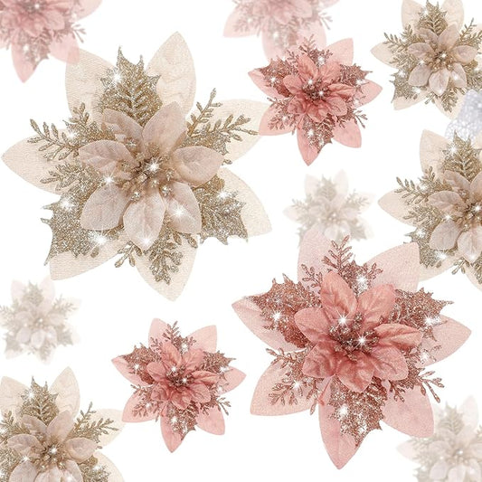 Geosar 24 Christmas Glitter Artificial Poinsettia Flowers Xmas Poinsettia Wedding Flowers Decorations Xmas Tree Ornaments with Clips for Party Favors, 6 Inch, 4 Inch, 3 Inch(Gold and Rose Gold)