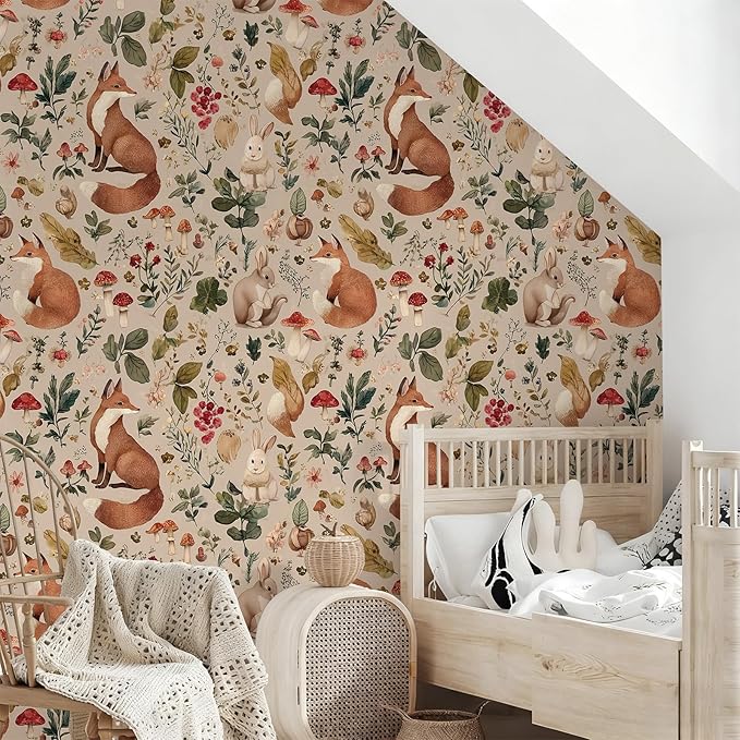 Animal Peel and Stick Contact Paper Moody Fox Rabbit Mushroom Botanical Leaf Removable Wallpaper 17.7" x 118.11" Wall Paper Watercolor Self Adhesive for classroom Bedroom laundry room bathroom