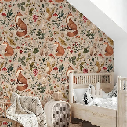 Animal Peel and Stick Contact Paper Moody Fox Rabbit Mushroom Botanical Leaf Removable Wallpaper 17.7" x 236.22" Wall Paper Watercolor Self Adhesive for classroom Bedroom laundry room bathroom