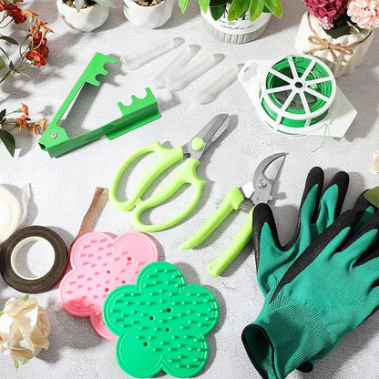 WILLBOND 121 Pcs Floral Arrangement Tool Kit Rose Thorn Remover Pruner Trimmer Gloves 22/26 Gauge Paddle Tie Stem Pearl Corsage Pin Pruning Shears, Florist Garden Tool Gift Kit for Women(Green)