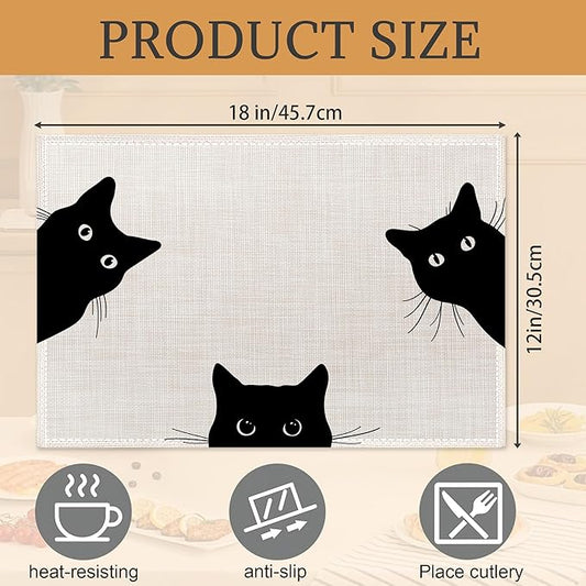 Black Cat Placemats Set of 6,Washable Heat Resistant 12×18 Inch Linen Table Mats Cute Place Mats for Party Outdoor Dining Décor