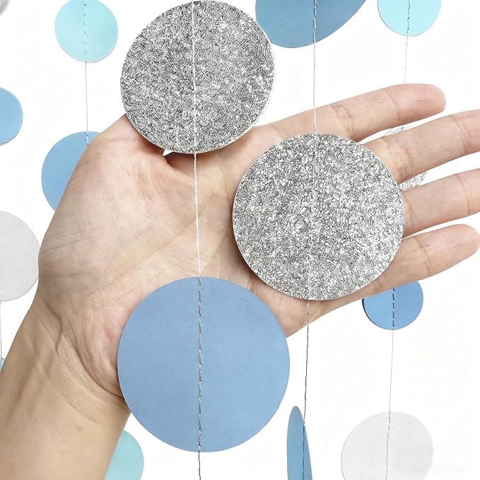 Dusty Blue Silver White Polka Dots Garland Hanging Paper Circle Dot Streamer for Nautical Baby Shower Birthday Wedding Engagement Bridal Shower Retirement Graduation Hen Party Decorations Supplies
