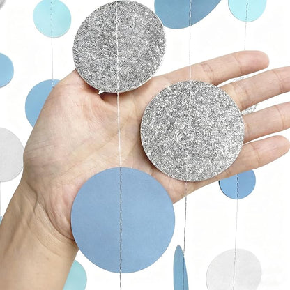 Dusty Blue Silver White Polka Dots Garland Hanging Paper Circle Dot Streamer for Nautical Baby Shower Birthday Wedding Engagement Bridal Shower Retirement Graduation Hen Party Decorations Supplies