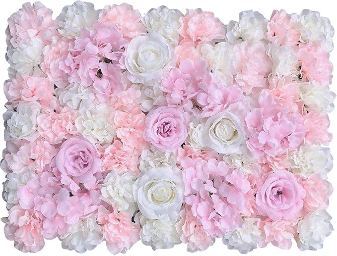 16"x 24" Artificial Flower Wall Panels,Flower Wall Mat Silk Flower Panels for Outdoor Garden Backyard Fence Fence Privacy Screen and Indoor Wall Decor (12Pcs Light Pink+White)