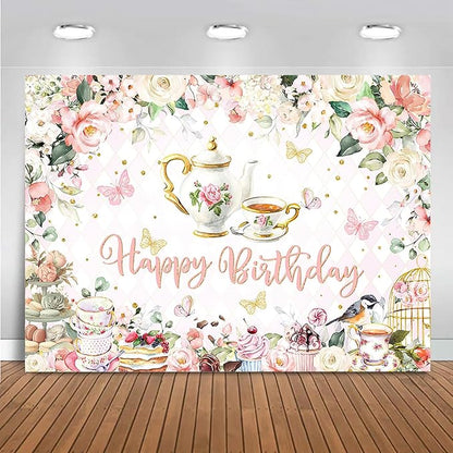 Mocsicka Tea Party Happy Birthday Backdrop Floral Dessert Tea Party Birthday Decorations Let's Partea Women Tea for Two Birthday Party Photo Props(7x5ft)