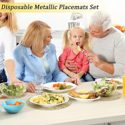 Hysenm 100 Pcs Disposable Gold Placemats Set Metallic 13 Inch Round Foil Mesh Pressed Table Doilies, Ultra-Thin Disposable Placement Mats for Home Decoration Dining Table Wedding Birthday Party
