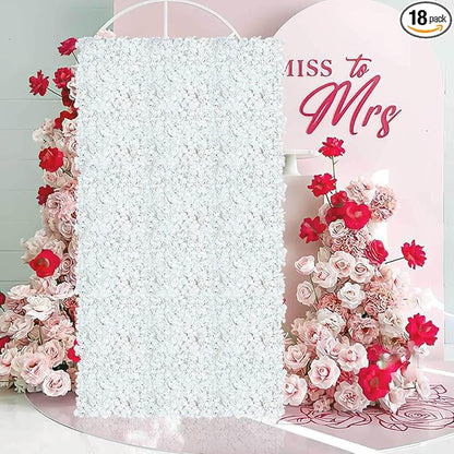 Flower Wall Panels White Backdrop: Artificial Flower Wall Backdrop 3.75ft x 7.5ft Hydrangea Floral Wall for Wedding Party Decoration (18 Pcs 15 x 15 Inch)