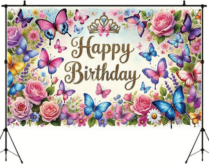 Happy Birthday Backdrop Butterfly Floral Banner Crown Decorations Photography Background for Women Girls Princess Supplies Cake Table Photo Shoot Props 71 x 43 Inch