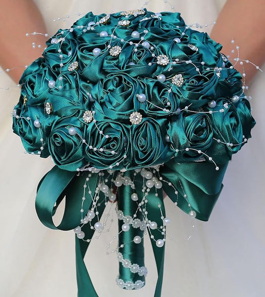 Bridal Wedding Bouquet Round Bling Brooch Bouquet Throw Toss Artificial Rose Flower Bunch for Bride Bridesmaid Wedding Quinceanera(Dark Green, 7.5")