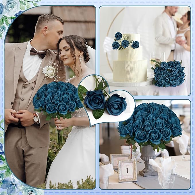 30pcs Fake Roses Artificial Silk Flowers Long Stems Bouquet for Wedding Bridal Shower Party Home Decoration (Teal)