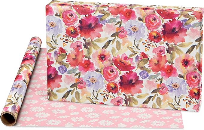 American Greetings 120 sq. ft. Reversible Flower Wrapping Paper Set for Birthdays, Weddings, Bridal Showers, Floral, Stripes and Polka Dots (4 Rolls, 30 in. x 12 ft. each)