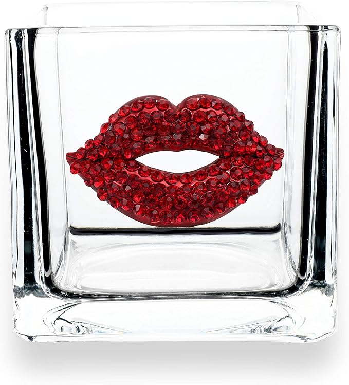 THE QUEENS' JEWELS Red Lips Jeweled 4x4 Candleholder Vase - Unique Gift for Women, Birthday, Cute, Fun, Not Painted, Decorated, Bling, Bedazzled, Rhinestone