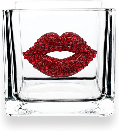 THE QUEENS' JEWELS Red Lips Jeweled 4x4 Candleholder Vase - Unique Gift for Women, Birthday, Cute, Fun, Not Painted, Decorated, Bling, Bedazzled, Rhinestone