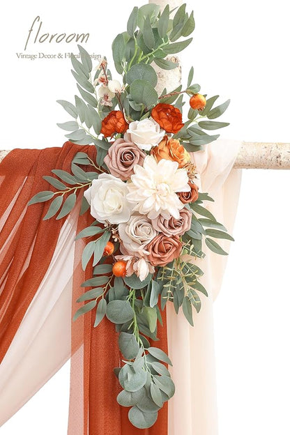 Floroom Arch Flowers with Drapes Kit (Pack of 4) - 2pcs Artificial Terracotta & Cream Floral Swag Arrangement with 2pcs Draping Fabric for Wedding Ceremony Arbor and Reception Backdrop Decoration