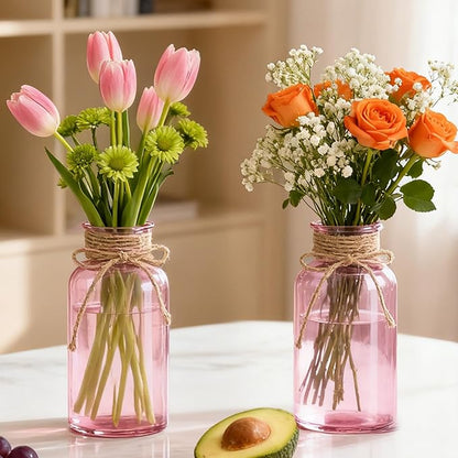 Vintage Glass Flower Vase，12 Pack Pink Farmhouse Glass Centerpiece Vases Mason Jars for Weddings, Parties & Home Decor Bulk (12, Pink)