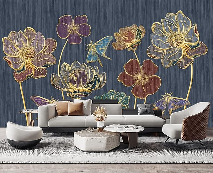 Embossed Golden Flower 3D Wall Mural Wallpaper for Bedroom 178" x 117"