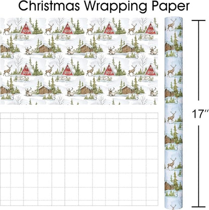 MAYPLUSS Christmas Wrapping Paper Roll - 17 In x 33 Feet - Cute Watercolor Christmas Tree Reindeer Log Cabin Gift Wrap Paper for New Year, Holiday, Kids