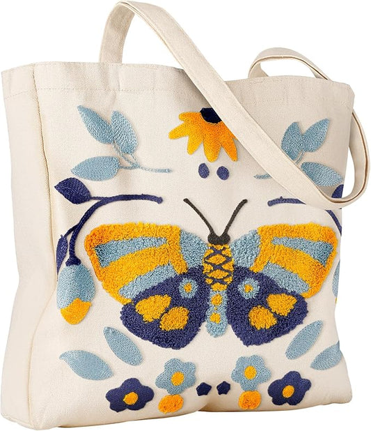 Aesthetic Embroidery Tote Bag for Women - Reusable Canvas Cute Shoulder Bag for Shopping, Grocery, Work, Book