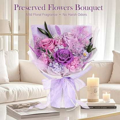 Preserved Bouquet of Flowers - 3 Roses & Flowers for Delivery, Long-Lasting Real Lavender Forever Flowers, Eternal Roses Bouquet for Mothers, Mom, Wife Anniversary Birthday Gifts for Women