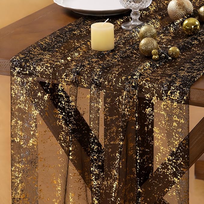 Socomi Christmas Snow Table Runner Gold Gauze Sheer Chiffon Cheesecloth Sequin 10FT Glitter Metallic Foil Dining Wedding Birthday Party Fall Winter Holiday Centerpiece Table Decor 3pcs Black
