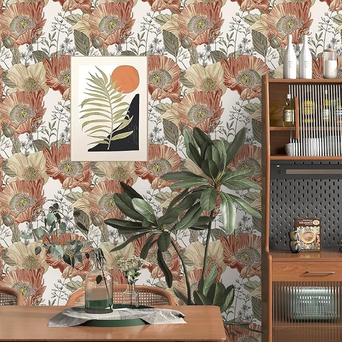 Livebor Floral Wallpaper Peel and Stick Boho Large Floral Peel and Stick Wallpaper Vintage Multicolor Flower Contact Paper 17.7'' x 196.8'' Self Adhesive Wall Paper for Bathroom Wall Covering Decor
