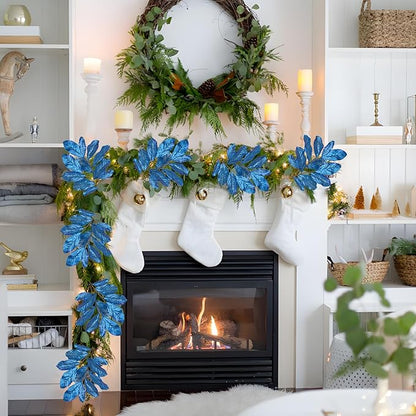 31" Royal Blue Christmas Glitter Leaves Tree Picks and Sprays, 3PCS Artificial Glitter Magnolia Stems for Christmas Tree DIY Garland Wreath Centerpiece Vase Wedding Winter Holiday